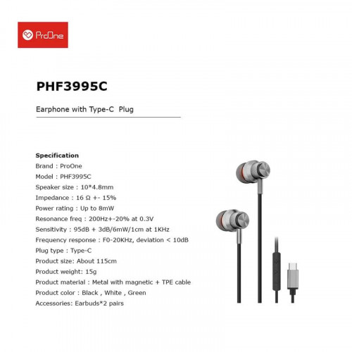 Wired Type C handsfree ProOne model PHF3995C